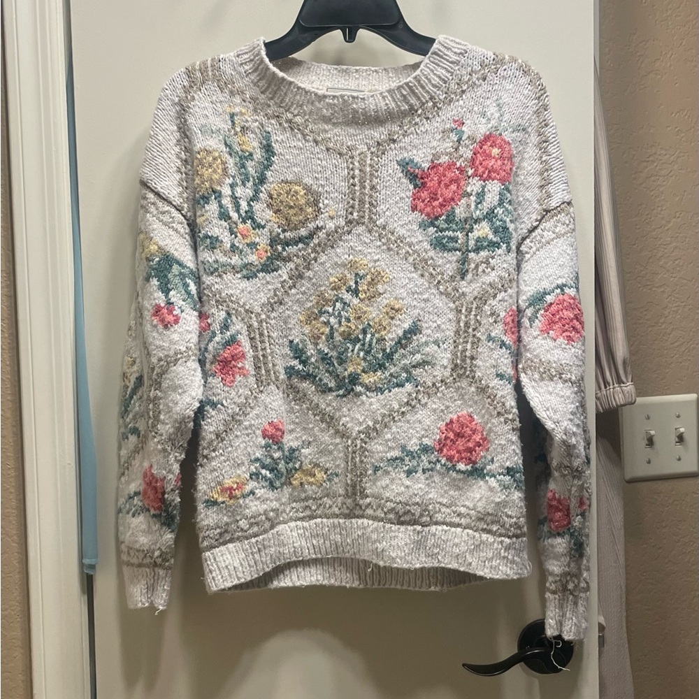 L.L. Bean Light Gray Floral Crew Neck Sweater